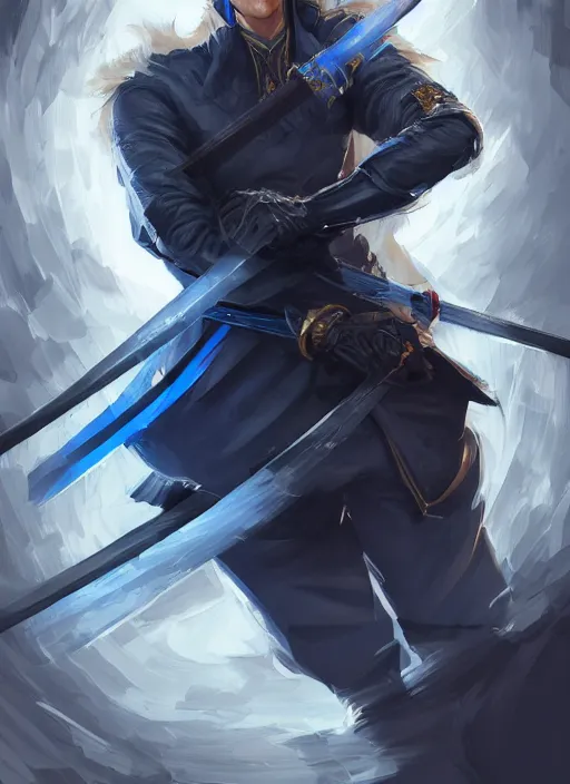 Prompt: a highly detailed illustration of young short slick back white haired man wearing dark blue coat, bright blue eyes, dramatic wielding katana pose, intricate, elegant, highly detailed, centered, digital painting, artstation, concept art, smooth, sharp focus, league of legends concept art, wlop