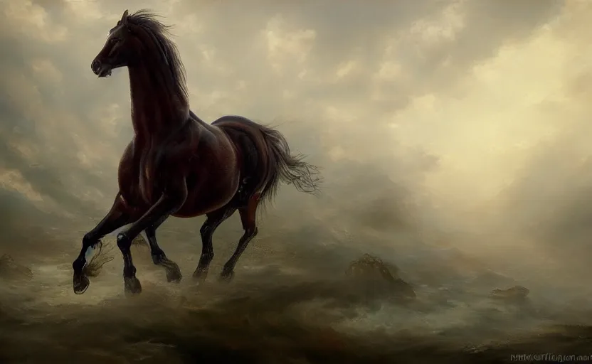 Image similar to a beautiful oil painting of a proud galloping horse. wide angle, fantasy art, heroic lighting, very very very beautiful raytraced rendering, fog, finger of god, amazing wallpaper