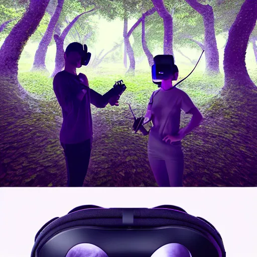 Image similar to duo playing music using futuristic VR headset instruments in a forest, in the style of artgerm, Ryoji Ikeda, Riyoko Ikeda, 3d render, artstation trending, 8k, photorealistic, sharp detail