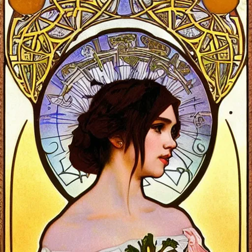 Image similar to megan markle portrait by louis - theophile hingre and alphonse mucha, realistic, sharp focus, zodiac signs, tarot cards, planets, ethereal, art nouveau, magic, moon, sun, crown, dreamy, royal, jewellery