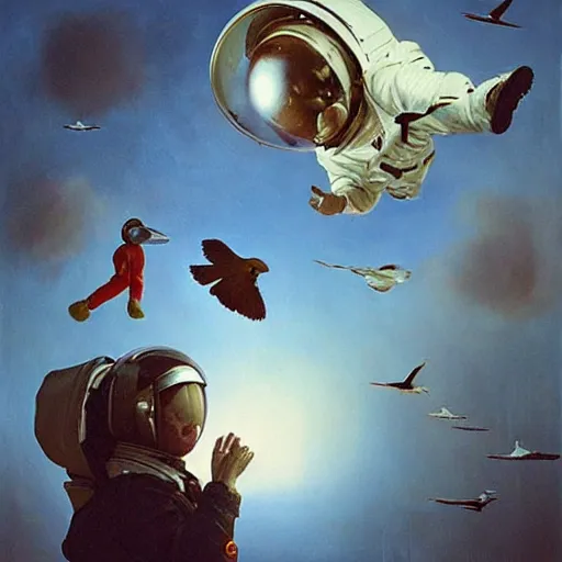 Image similar to a cosmonaut floating with birds coming from its helmet by Jeremy Geddes, dreamy, ethereal, photo realistic, oil painting