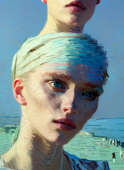 Prompt: portrait of a beautiful girl, sea dunes backdrop, sad, pastel shades of light blue and light yellow, beautiful face, rule of thirds, intricate outfit, spotlight, by greg rutkowski, by jeremy mann, by francoise nielly, by van gogh, by rineke dijkstra, digital painting