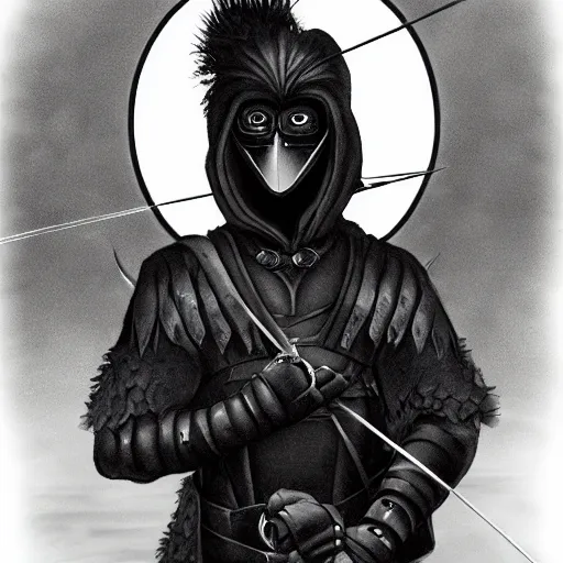 Prompt: portrait of a raven species humanoid rogue archer. he is wearing a vantablack cloak and is looking valiant. portrait hung up in a windows 9 8 castle. r / oldschoolfantasy