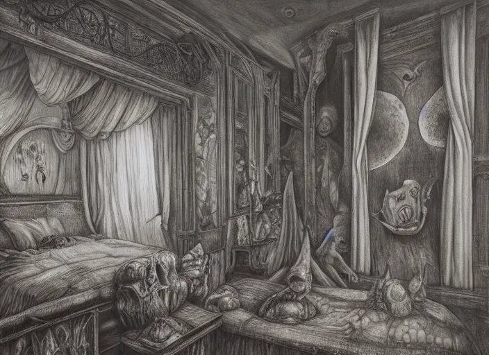 Image similar to a childhood bedroom by adonna khare, and h. r. giger, liminal aesthetic, dreamcore, weirdcore, clean lines, wide angle