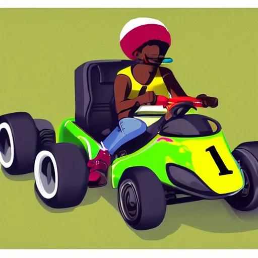 Prompt: Jamaican driving a go-kart, cartoon, trending on artstation, n6