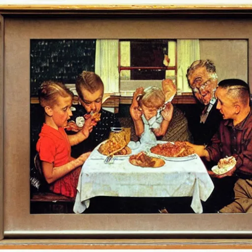 Prompt: norman rockwell painting of a family eating dinner