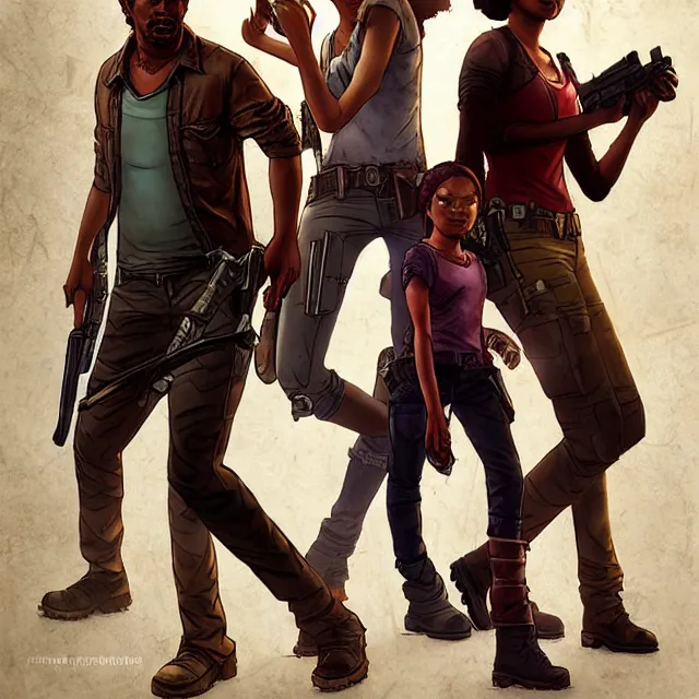 Prompt: lee everett and clementine and carley fromthe walking dead game telltale games by stanley artgerm lau, wlop, rossdraws, frank frazetta, andrei riabovitchev, marc simonetti