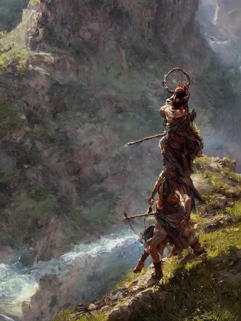 Image similar to oil art close - up view of one single young roma mage adventurer climbing down a cliffside in style of disco elysium character, gipsy jester character design from ravenloft, art by anders zorn, wonderful masterpiece by greg rutkowski, beautiful cinematic light, american romanticism by greg manchess, jessica rossier