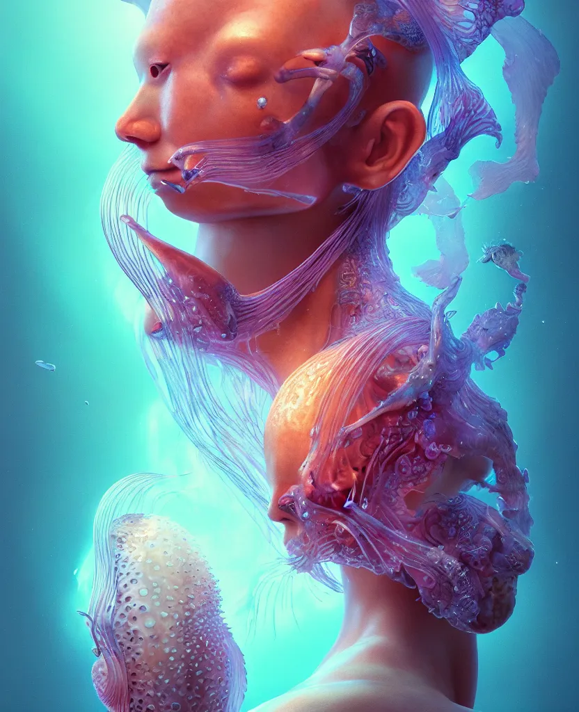 Image similar to goddess close-up portrait ribcagel. jellyfish phoenix head, nautilus, orchid, skull, betta fish, bioluminiscent creatures, intricate artwork by Tooth Wu and wlop and beeple. octane render, trending on artstation, greg rutkowski very coherent symmetrical artwork. cinematic, hyper realism, high detail, octane render, 8k