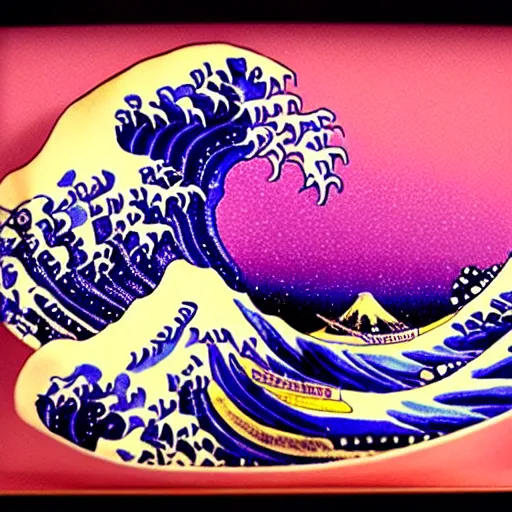 Prompt: carved diorama of The Great Wave off Kanagawa with pink lava and fire, carved out of transparent marble with celadon glaze:: Diorama:: Symmetrical, Isometric camera, wide angle:: Translucent, Iridescent, Ray Tracing Reflections, Harris Shutter, SFX, insanely detailed and intricate, hypermaximalist, elegant, ornate, ultra-realistic, HD Octane Render, 3d, masterpiece
