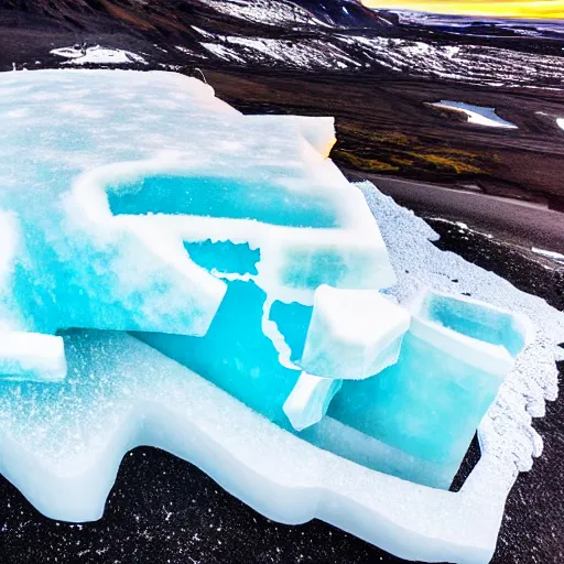 Image similar to top down view of iceland country ice sculpture surrounded by ocean made out of hot lava