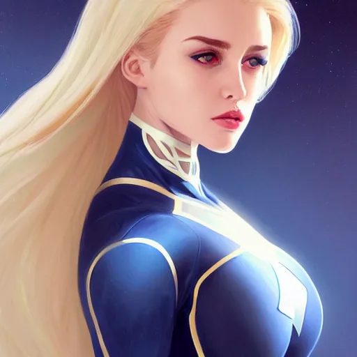 Prompt: a beautiful portrait of a beautiful cute superhero woman, blonde hair, matte navy - blue bodysuit, white cape, intricate, elegant, 8 k, highly detailed, ultradetailed, digital painting, concept art, smooth, sharp focus, illustration, disney, artgerm and loish and wlop and alphonse mucha