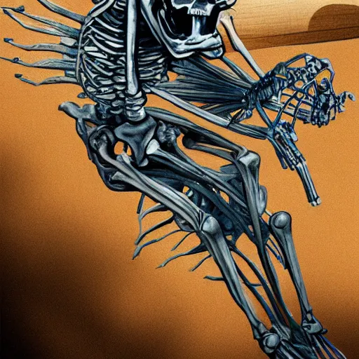 Prompt: a detailed portrait of a skeleton riding a missile, blue eyes, art illustration, incredibly highly detailed and realistic, 8 k, sharp focus