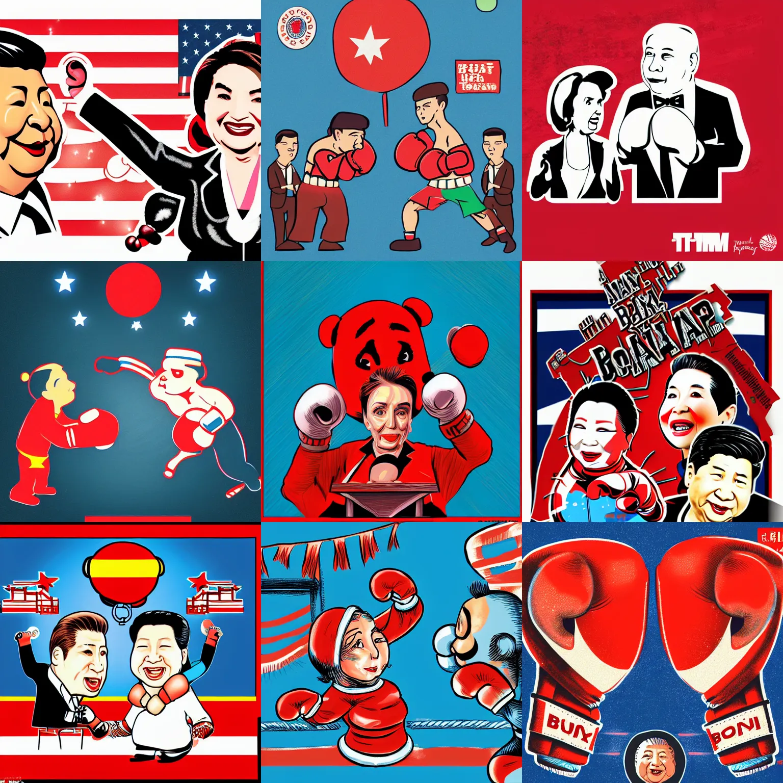 Prompt: nancy pelosi xi jinping boxing match, detailed illustration by tim doyle