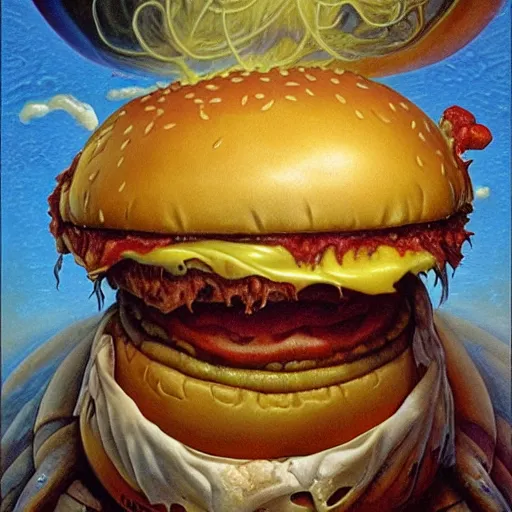 Prompt: portrait of adam sandler screaming at a giant hamburger. biomorphic painting by, karol bak, greg hildebrandt, and mark brooks, hauntingly surreal, gothic, rich deep colors.