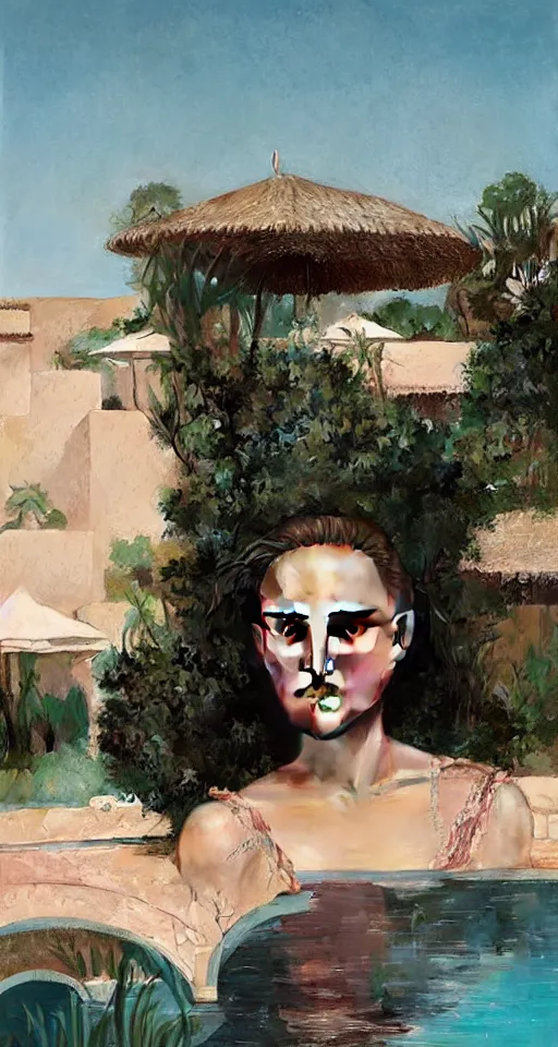 Prompt: Natalie Portman in marrakech Next to the pool, portrait,digital art,ultra realistic,ultra detailed,art by greg rutkowski