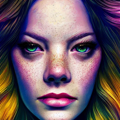 Image similar to cosmic lion portrait of emma stone, hyper detailed, digital art, trending in artstation, cinematic lighting, studio quality, smooth render, unreal engine 5 rendered, octane rendered, art style by klimt and nixeu and ian sprigger and wlop and krenz cushart.