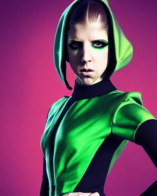 Image similar to David Villegas art, cinematics lighting, beautiful Anna Kendrick supervillain, green dress with a black hood, angry, symmetrical face, Symmetrical eyes, full body, flying in the air over city, night time, red mood in background