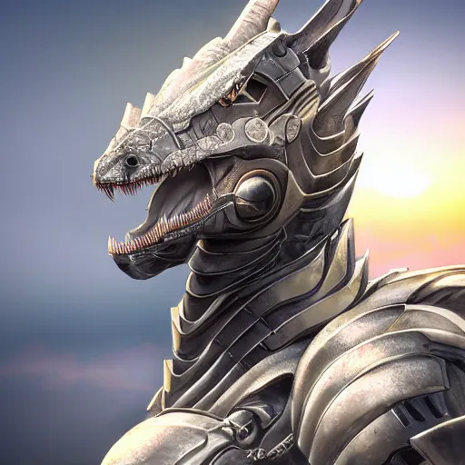 Image similar to epic bust shot, realistic detailed stunning armored anthropomorphic robot female dragon, doing an elegant pose, looking to the side, sleek streamlined armor and design, sharp claws, sleek well designed head with LED eyes, standing on two legs, on the beach during sunset, high quality, cinematic art, sunset lighting, artstation, deviantart, furaffinity