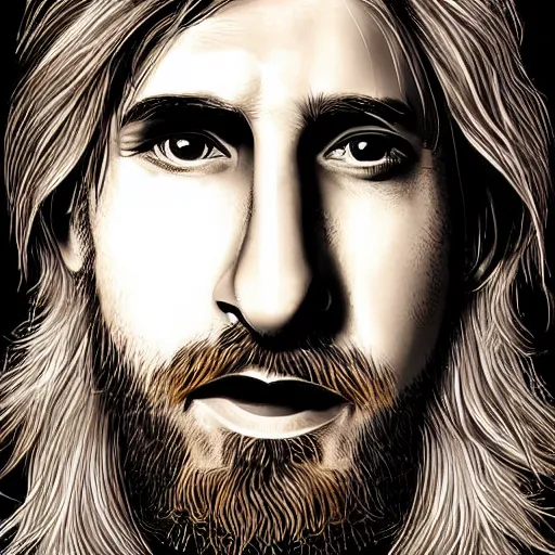 Image similar to illustration, Close-up portrait of Lionel Messi, long silver hair with a long beard, big nose, wearing a barca cape, katsuhiro tomo