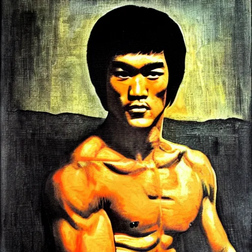 Prompt: bruce lee painted in the style of the mona lisa