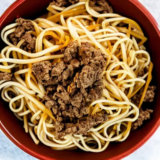 Image similar to a bowl of noodles with mixed beef sauce