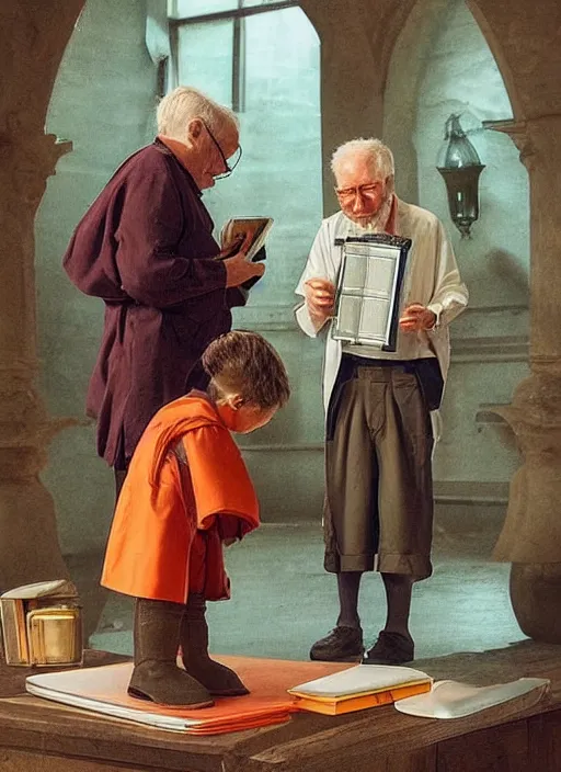 Image similar to a kind old British scientist is teaching his protégée about alchemy and magic from a mysterious orange book. The book has a glowing vial 🧪 on the cover.