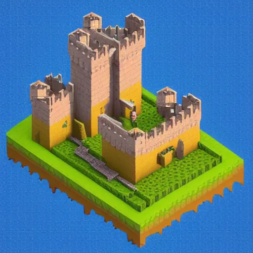 Image similar to isometric castle with moat and drawbridge under siege, isometric voxel art, magicavoxel, cgsociety, artstation