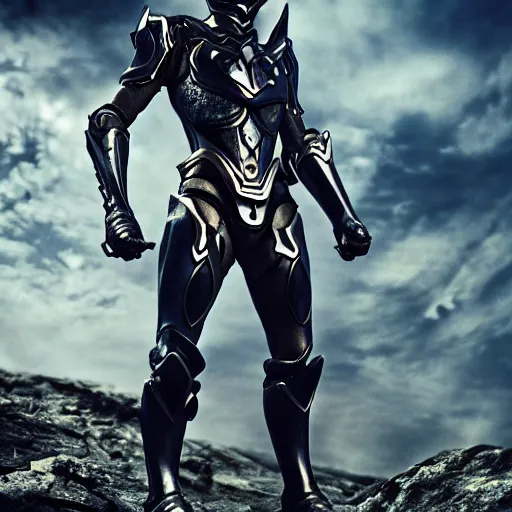 Image similar to High Fantasy Kamen Rider, glowing eyes, moody colors, rock quarry daytime, grey rubber undersuit, segmented armor, Guyver Dark Hero