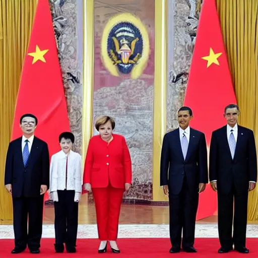 Prompt: A Family picture ofXi Jinping and Obama’s Family including their child, while Angela Merkel stands depressed in the corner