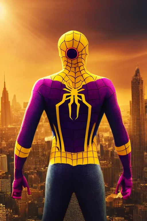Prompt: yellow and purple spider-man, character poster, dramatic lighting, atmospheric dust, intense lens flare, city backdrop