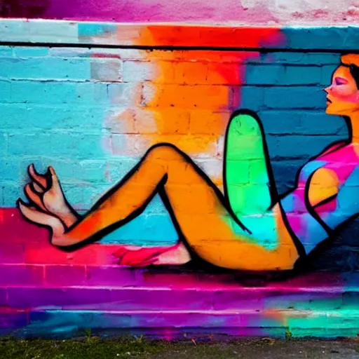 Image similar to This street art is a beautiful example of use of color and light. The street art depicts a woman reclining on a couch, with her head turned to the side and her eyes closed. The woman's body is bathed in a light, and her skin appears to glow. The artist has used a soft, delicate palette to create a sense of tranquility and serenity. The street art is elegant and graceful, and the woman's face is incredibly expressive. It is a truly beautiful street art. by Jack Gaughan tranquil