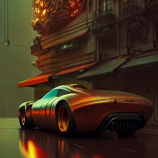 Image similar to cyborg cyber vintage supercar slick warm tones : by michal karcz, daniel merriam, victo ngai and guillermo del toro : ornate, dynamic, particulate, intricate, elegant, highly detailed, centered, artstation, smooth, sharp focus, octane render