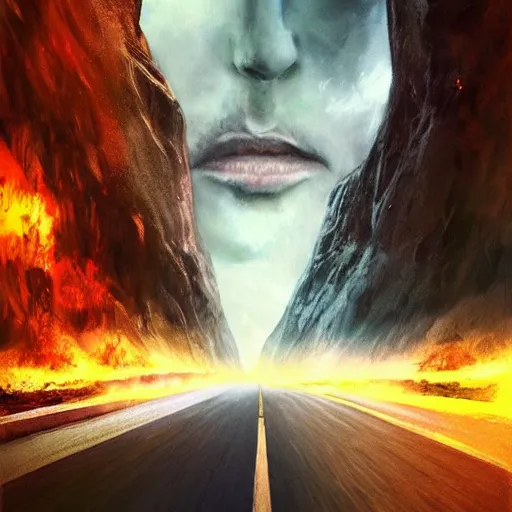 Image similar to the road to mordor, artstation hall of fame gallery, editors choice, #1 digital painting of all time, most beautiful image ever created, emotionally evocative, greatest art ever made, lifetime achievement magnum opus masterpiece, the most amazing breathtaking image with the deepest message ever painted, a thing of beauty beyond imagination or words