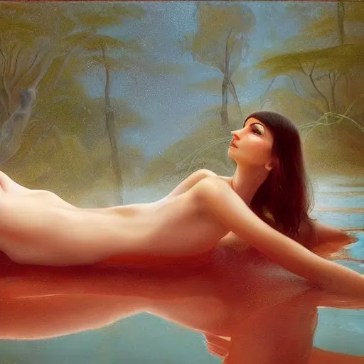 Prompt: an all white emily ratajkowski, full body laying in a blood red pool of water between a golden mirror frame, outside is space at the bohemian grove and inside the mirror frame is a beautiful landscape., physically accurate, dynamic lighting, intricate, elegant, highly detailed, very very roberto ferri, sharp focus, very very unsettling, very terrifying, illustration, art