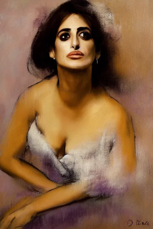 Prompt: oil painting, portrait of penelope cruz, artwork by edgar degas