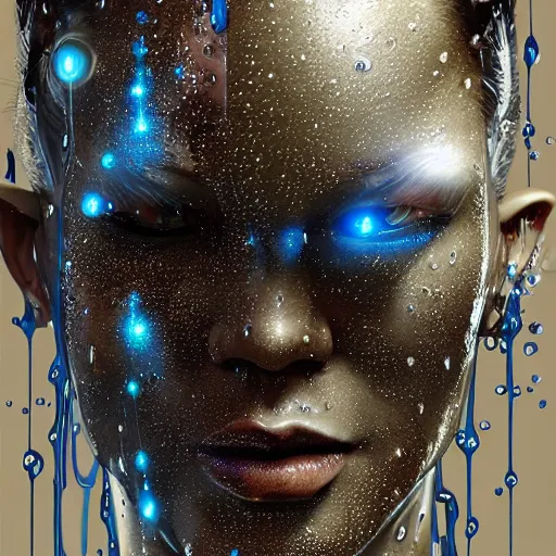 Image similar to cyborg sweating water, big drops of sweat, forehead only, by Hajime Sorayama, airbrush art, beautiful face, highly realistic, star flares, trending on artstation, beautiful lighting, sharp, details, hyper-detailed, HD, HDR, 4K, 8K