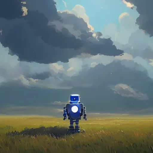 Image similar to a robot in a field. cgsociety masterpiece, artstation trending, by rossdraws, ghibli, kimi no na wa, greg rutkowski, simon stalberg, greg manchess