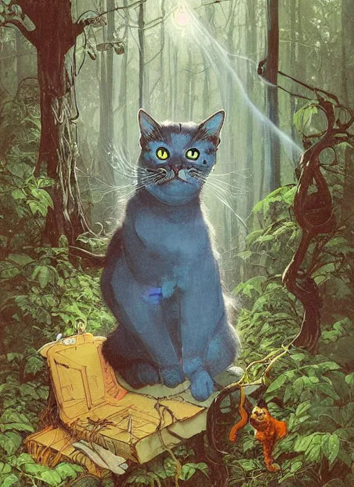 Image similar to a cat with happy lighting and technology jewelry in the woods gorgeous lighting, sunbeams blue sky, lush forest foliage painting by chiara bautista and beksinski and norman rockwell and greg rutkowski weta studio, and lucasfilm