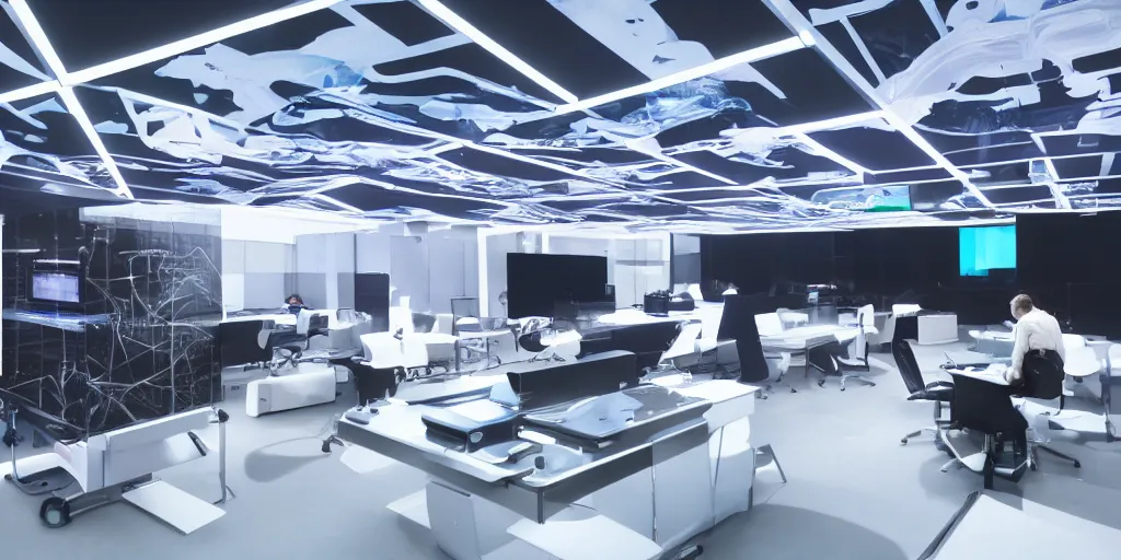 Image similar to stunning futuristic AI lab, projection screens, immersive graphics