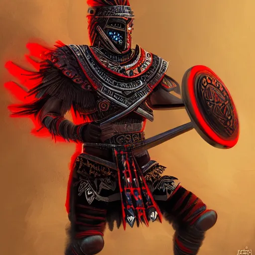 Image similar to aztec warrior in a ornated armor preparing for war, full body, dynamic pose, red and black neon, concept art, intricate details, highly professionally detailed, cgsociety, highly detailed -