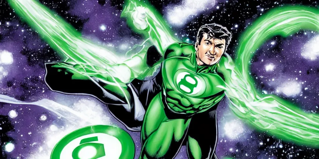 Image similar to Nathan Fillion as Green Lantern Hal Jordan flying through outer space, detailed