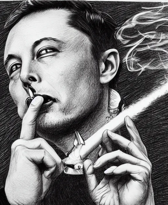 Prompt: a detailed fineliner drawing of elon musk smoking a joint