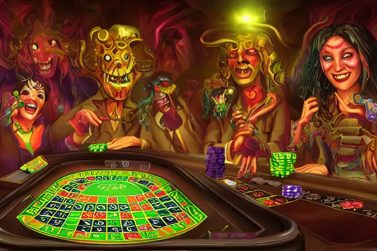 Image similar to interdimensional demons gambling over the wages of human souls in an afterlife casino, digital artwork, trending on artstation