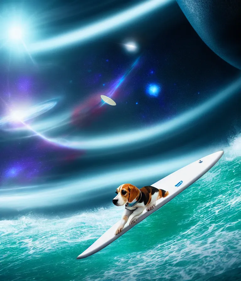 Image similar to beagle dog surfing a surfboard on a crashing l wave of alien ocean in space, background is an alien galaxy, aliens in the background, alien colors, octane render, unreal engine, wide view, 8 k, high detaild