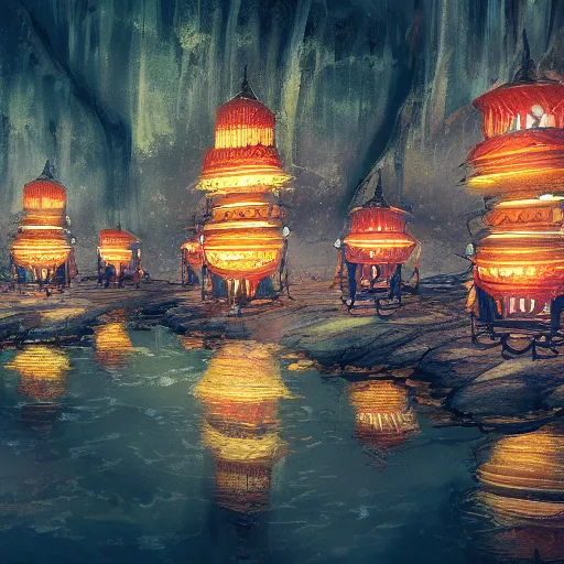 Prompt: concept art, river lanterns on the eve of ullambana festival, high resolution, cave temples of dunhuang style, artstation