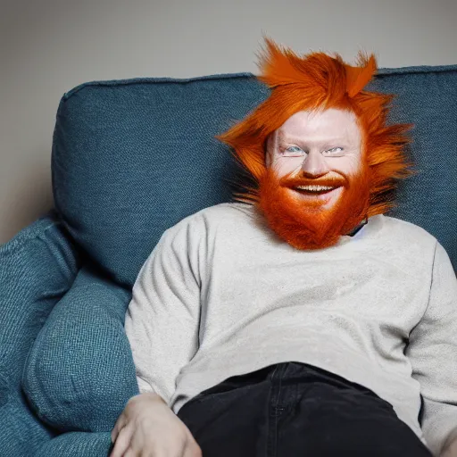 Image similar to professional photography of a drunk ginger haired man slouched on the couch smiling wearing a cone on his head