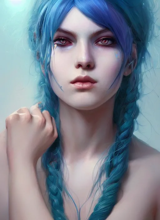 Image similar to girl with unkempt blue hair, beautiful highly detailed face, complementary lighting, backlit, eyeshadow, divine, beautiful painting by artgerm and greg rutkowski and raymond swanland