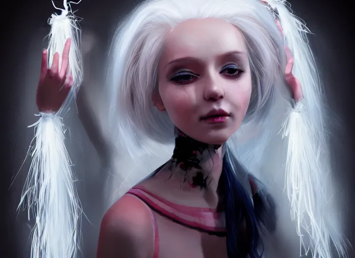 Prompt: girl with silk glowing white hair with glowing white stings coming out of her hands, she poses as a puppeteer with her hands infront of her concept art trending on artstation oilpaint portrait