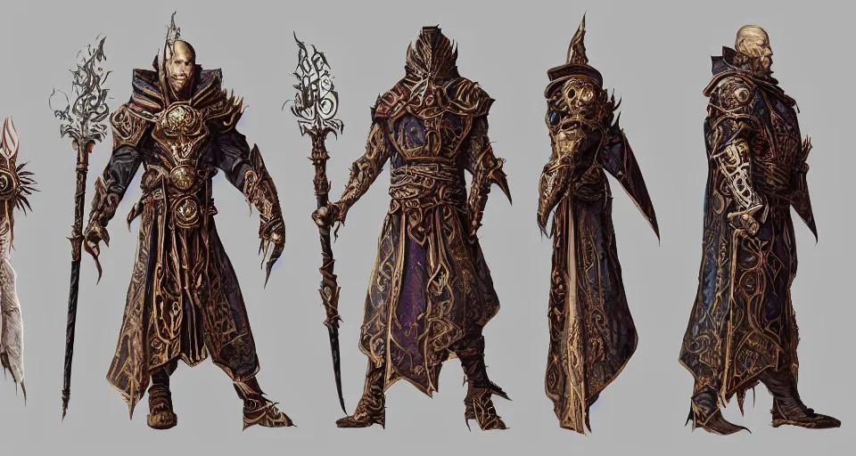 Prompt: A full color character sheet with front, back and side views of an evil Sorcerer n Highly detailed intricate ornamental robes with glowing runes holding an ornate intricate magical staff, video game concept art by Wizards of the Coast, Magic The Gathering, Blizzard, Games Workshop, Greg Rutkowski, Craig Mullins, WETA, Elder Scrolls.